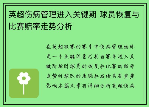 英超伤病管理进入关键期 球员恢复与比赛赔率走势分析